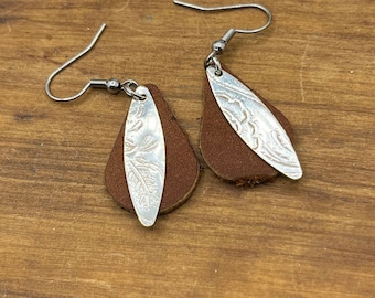 Silver and Leather Drop Earrings Made from Vintage Silver Plated Trays and Repurposed Leather, Silverware Jewelry, Unique Gift for her,