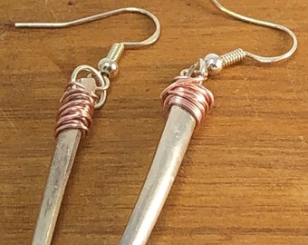 Silver Earrings made from repurposed antique silverware fork tines.  Dangle Earrings Made from Fork Tines