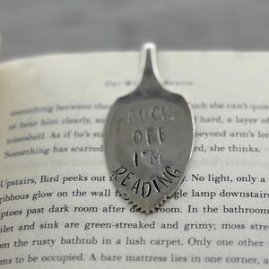 May include: A silver spoon bookmark with the words "F*ck Off I'm Reading" engraved on it. The bookmark is placed on a book.