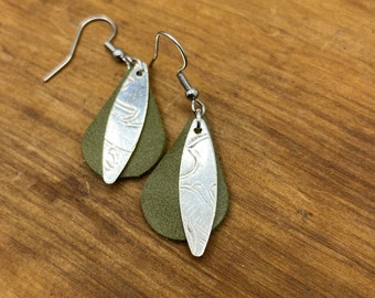 Silver and Leather Drop Earrings Made from Vintage Silver Plated Trays and Repurposed Leather, Silverware Jewelry, Unique Gift for her,