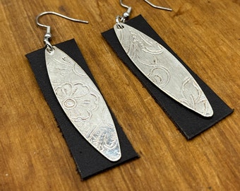 Silver drop earrings made from vintage silver plated trays and repurposed leather, Silverware Jewelry, Unique Gift for her,