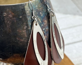 Silver and Leather Earrings Made from Antique Silver Trays and Repurposed Leather, Boho Style Jewelry Accessories