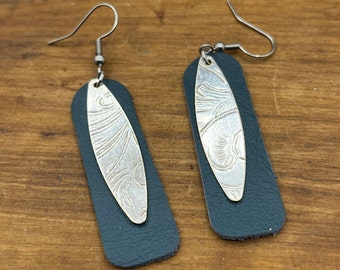 Silver and Leather Drop Earrings Made from Vintage Silver Plated Trays and Repurposed Leather, Silverware Jewelry, Unique Gift for her,