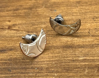 Silver Crescent Moon Stud Earrings Made from Vintage and Antique Silver Plated Trays - Unique One of a Kind Gift for Her