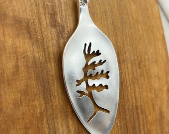 Silver Tree Pendant Repurposed from Vintage, Antique spoon bowl, silver necklace for nature lover, Windswept Pine Tree Necklace