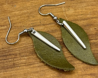 Leaf Silver and Leather Earrings Made from Antique Silver Fork Tines and Repurposed Leather, Unique Boho Style Jewelry Accessories