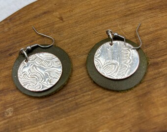 Silver and Leather Round/Circle Drop Earrings Made from Vintage Silver Plated Trays and Repurposed Leather, Unique Gift for her