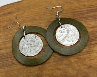 Silver and Leather Earrings Made from Antique Silver Plated Trays and Repurposed Leather, Boho Style Jewelry