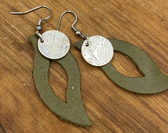 Leaf Silver and Leather Earrings Made from Antique Silver Trays and Repurposed Leather, Unique Boho Style Jewelry Accessories