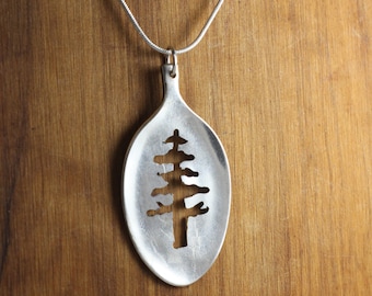 Silver Pendant, Hand cut pine tree spoon bowl pendant, silver necklace, spoon pendant, tree necklace, pine tree