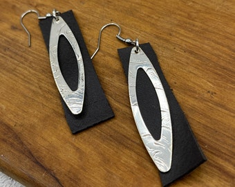 Silver and Leather Drop Earrings Made from Vintage Silver Plated Trays and Repurposed Leather, Silverware Jewelry, Unique Gift for her,