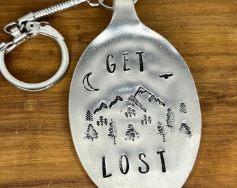 Handcrafted Get Lost Keychain with mountains. Handmade Silver Keychain with the saying Get Lost hand stamped