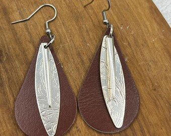 Silver and Leather Earrings Made from Antique Silver Trays, Fork Tines and Repurposed Leather, Boho Style Jewelry Accessories