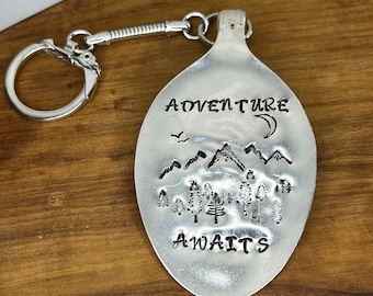 Handcrafted Adventure Awaits Keychain, Silver Keychain, Hand-stamped mountain metal keychain