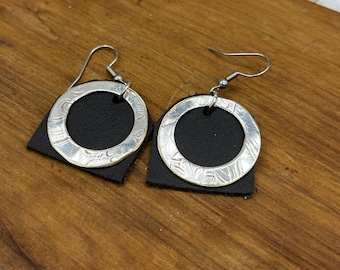Silver drop earrings made from vintage silver plated trays and repurposed leather, Silverware Jewelry, Unique Gift for her,