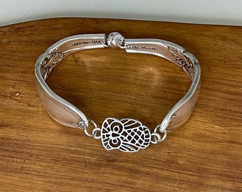 Silver Bracelet made from the handle of a vintage/antique silverware with owl pendant. Magnetic Clasp bracelet from silverware