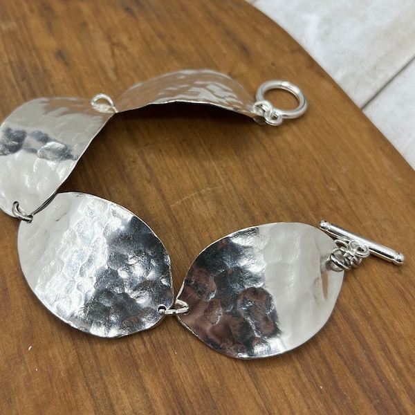 Silver Bracelet made from flattened and textured vintage spoon bowls.  Silverware jewelry bracelet, Gift For Her Unique