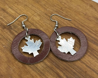 Maple Leaf Silver and Leather Earrings Made from Antique Silver Trays and Repurposed Leather, Unique Boho Style Jewelry Accessories