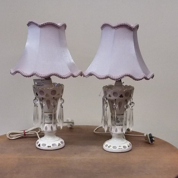 MCM Boudoir Dresser/Vanity Ceramic Luster/Girandole Prism Crystal Accent Style Lamps Pair Ca. 1950's w Vintage Design Shades