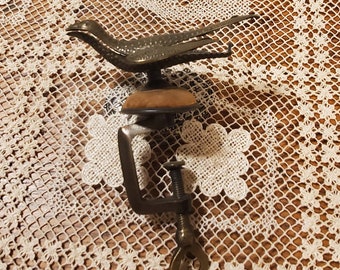 1800's Victorian Brass Sewing Bird, Pin Cushion, Table Clamp, Spring Clamp Mouth to Hold Fabric, Great Patina, 3.5"long, 5.5"h, 1.5"wide