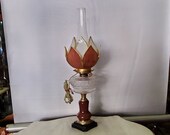 1800 39 s Kerosene Pedastal Lamp w Dual Color, Dual Layer Slag Stained Glass, Bent Glass Blossom Shade, Screw In Electric Adapter, 649.95