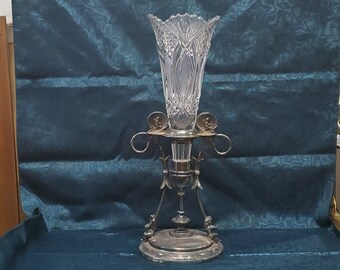 Ca. 1890's Large Silver Plated Epergne Center Piece with Cupids & Crystal Vase, 16" tall, 7" wide, 6" Round Base, 4.5" Opening