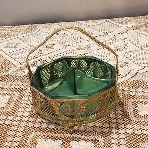 Green Glass Divided Relish Dish, 8-Sided, Brass Filigree Frame w/ Handle, Marked Empire Ware