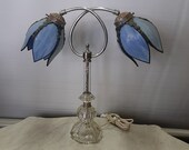 SALE, Art Deco Dual Slag (Stained) Bent Glass Blossom Shades on Curlicue Shaft. Etched Crystal Shaft and Base