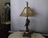 Cupid Motif Table Lamp, Hex Pewter Framed Slag Glass Shade, Cupid Finial, Cupid Lamp w Marble Accents,