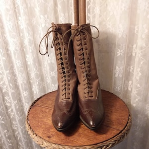 Women's Victorian Brown Leather and Tan Canvas Lace Up High Top Shoes Ca 1900's