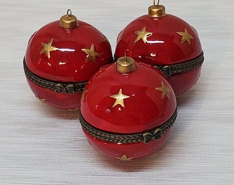 3 Set Porcelain Ball Trinket/Jewelry/Christmas/Holiday/Xmas Boxes/Ornaments, 1.75" Diameter, Metal Trimmed, Red  w/Gold Stars Limoges Style