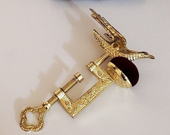 Gold Colored New Sewing Bird Clamp, Red Velvet Pin Cushion on Top, Turn Key to Clamp to Edge of Table, Reproduction in Gift Box