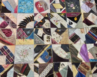 Crazy Quilt ca 1890's 52" * 65" Tab Border, Black Velvet, Blue Silk Quilted Backing, Hand Painted and Much More