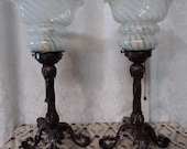 SALE, 1910 Metal Accent Lamps with Opalescent Art Glass Shades, Restored Rewired, Ready to Mount, FREE Shipping
