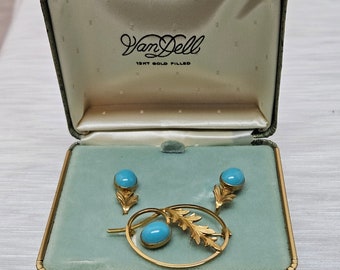 Ensemble de boucles d'oreilles et épingles en or 12 carats avec verre turquoise, NSA Van Dell