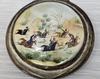 Mother of Pearl and Silver Compact, Powder and Mirror, Painted Scene, 2.75" Diameter