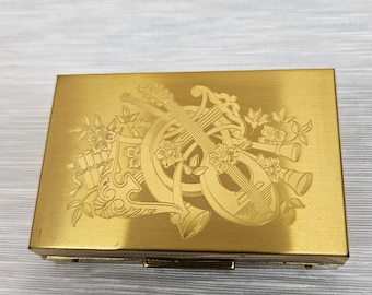 Elgin American Gold Compact mit Schweizer Spieluhr, Gehäuse ist in den USA hergestellt, spielt Brahms-Walzer, Powder und Mirror, 3,75" breit x 1,75" hoch 0,75"