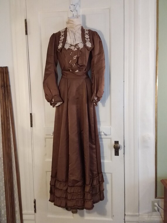Victorian 2 Piece Brown Silk Dress Waist and Bustl