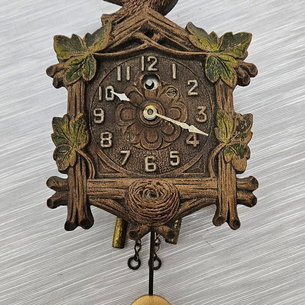 1933 August C. Keebler Sirocco Mini Cuckoo Clock with Pendulum, No Key, Beek Damaged, 6.5" tall x 3.5" wide x 1.25" deep