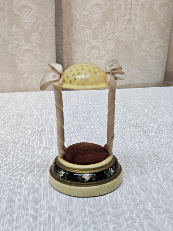 Celluloid Hat Pin Holder, Hand Painted Base, Velve