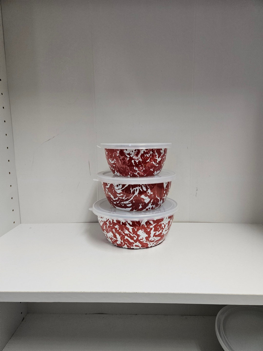 Red Graniteware, Swirl, Splatter, Enamelware Set of 3 Nesting Storage