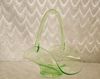 Apple Green Glass Basket, Applied Handle, 10" tall x 10" wide x 6" deep, Small chip on Base