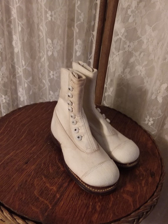 White Canvas Button Children's Shoes Ca 1900's NOS