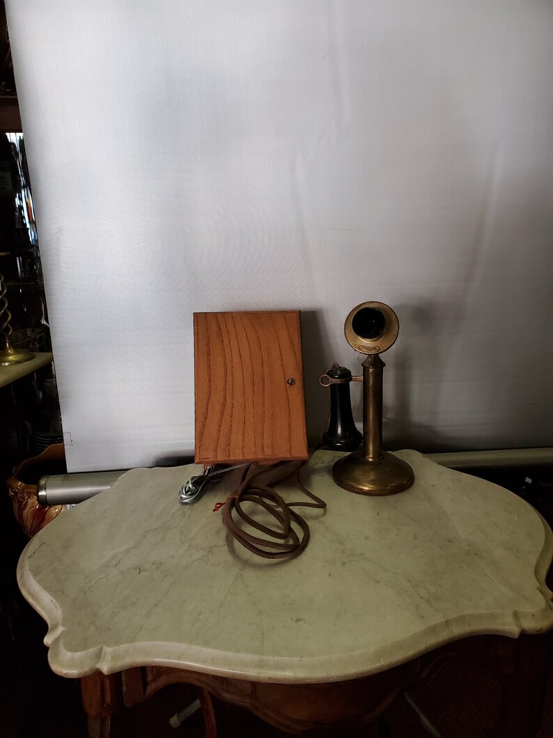 Brass Candlestick Telephone W/oak Phone Ringer Box Wired to Etsy