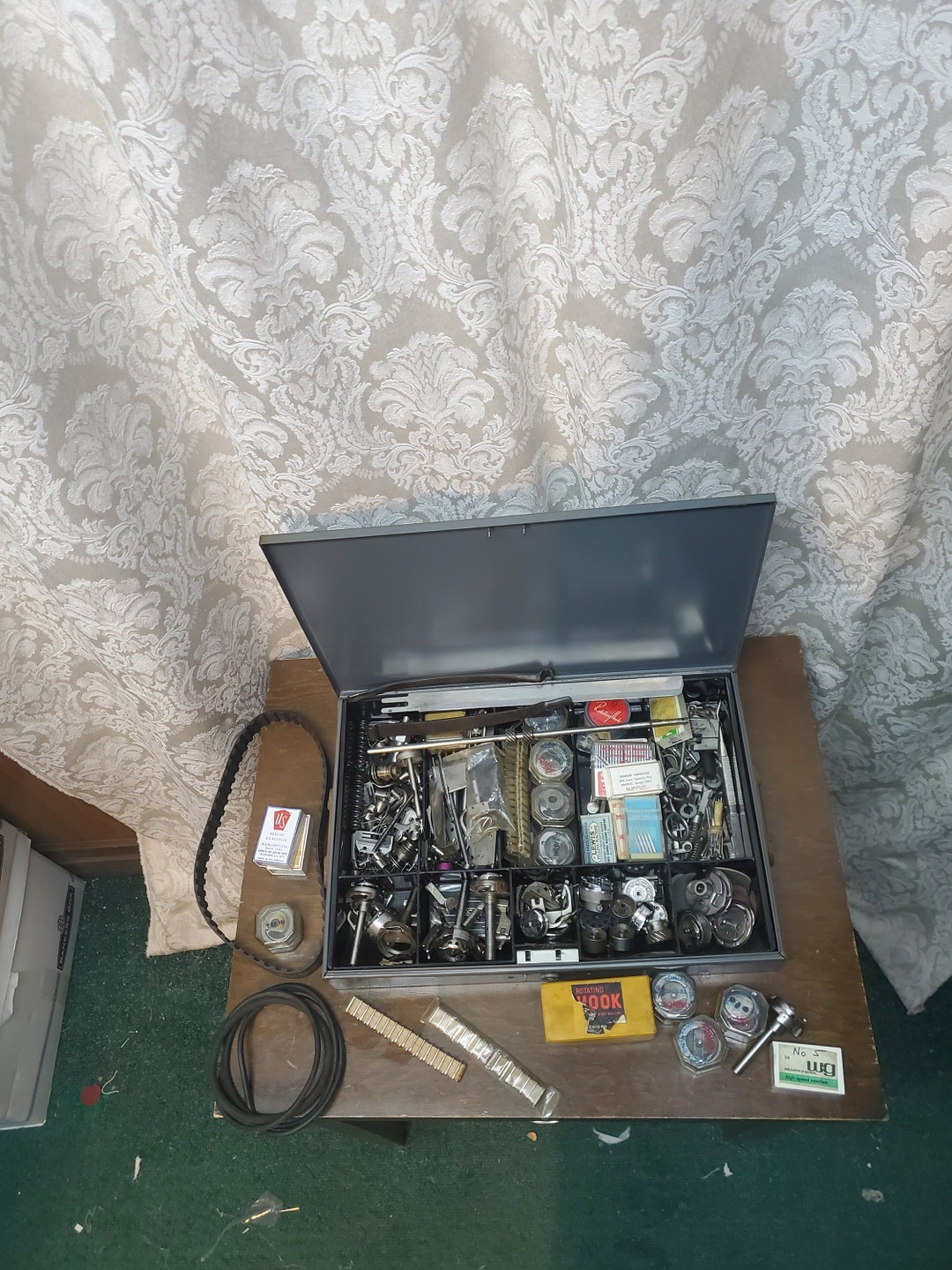 Metal Box of Vintage/antique Sewing Machine Parts, Bobbin Cases