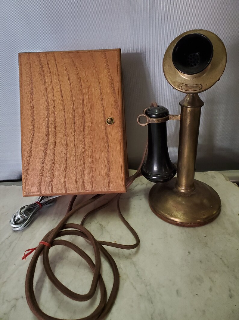 Brass Candlestick Telephone W/oak Phone Ringer Box Wired to Etsy