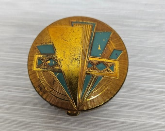 Art Deco Design Gold Compact, Un Peu d'Orient von Joncaire, Puder, Rouge und Spiegel, 2" Durchmesser