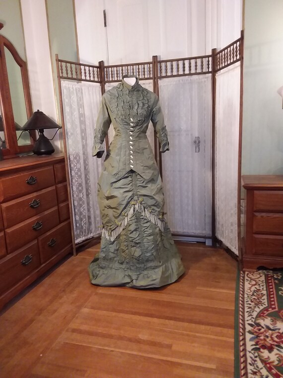 Victorian Green Silk Waist Jacket and Bustled Skir