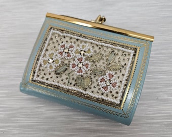 Dames blauwe portemonnee van Baronet, decoratie met glazen kralen, messing sluiting