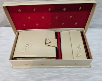 Portefeuille et étui à clés pour femme, cuir crème avec décoration de feuilles dorées et blanches, boîte-cadeau originale 20,4 x 10,8 cm (4 x 1,5 po.)